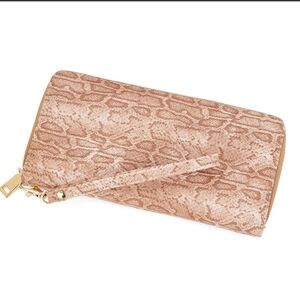 WOZEAH RFID Blocking PU Leather Zip Around Wallet Clutch Faux Snake Cuban Sand
